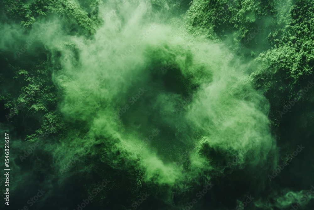 Poster circular motion of vibrant green powder creating a mesmerizing visual effect in an artistic display,
