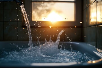 Fototapeta premium Water drains from the bathtub as sunlight filters through the window in a warm bathroom setting, Water Drains From The Bathtub