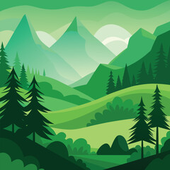 Fototapeta premium A Tranquil Illustration: Pine Trees Over a Lush, Layered Mountain Landscape
