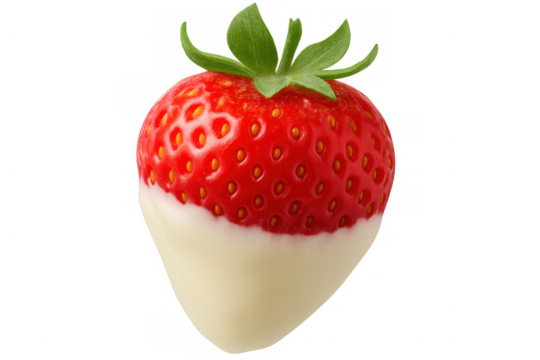 Strawberry gently coated in white chocolate, delivering indulgent dessert against clean isolated backdrop