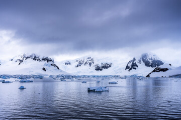 Beautiful paradise harbor in Antarctica under overcast sky