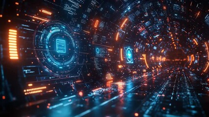 Explore a futuristic digital tunnel with glowing lights and advanced data streams. - Powered by Adobe