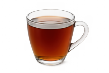 Steaming black tea, freshly brewed and served in a clear glass cup, exuding warmth and rich aroma against a transparent background