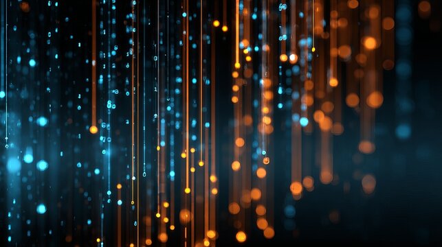 Abstract data stream background with binary code and glowing particles for technology concept