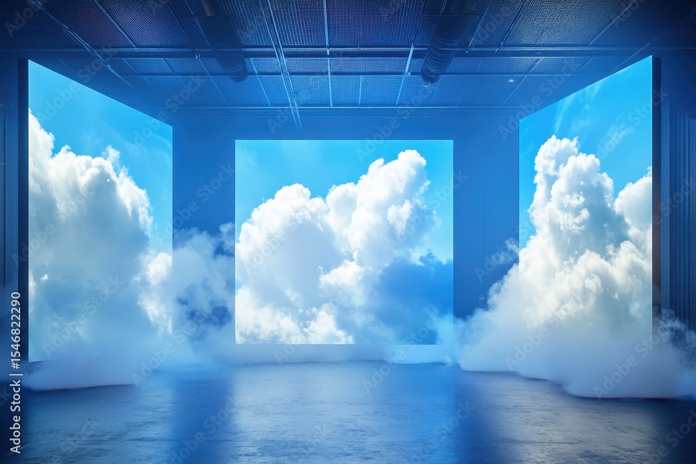 Poster clouds displayed on screens within a blue virtual studio environment during a creative session, clou