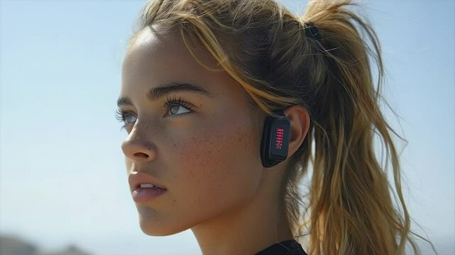Woman with bone conduction headphones outdoors