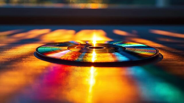 A radiant CD reflects a spectrum of colors on a wooden table, creating a beautiful display.