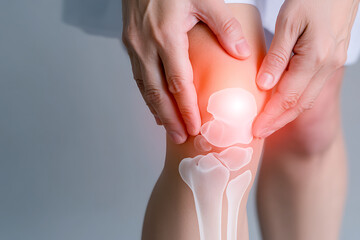 Knee Pain: Illustrated pain in the knee joint with a translucent bone structure overlaying the affected area, emphasizing discomfort and potential joint problems.