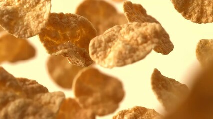 Crisp, golden cereal flakes captured in mid-air, creating a dynamic and appetizing display against a bright background - Powered by Adobe