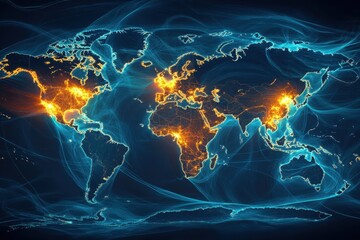 World map illuminated with trade routes showcasing global economic connectivity, world map glowing with trade routes global economy visualized
