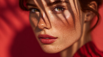 beautiful girl with freckles in dress with on red background of palm leaf with hard shadows from sun