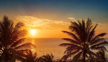 tropical paradise sunset palm trees swaying in the golden hour