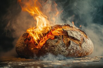 Naklejka premium Rustic bread surrounded by vibrant flames creating a unique cooking spectacle, Rustic bread with eruption of vibrant flames and smoke