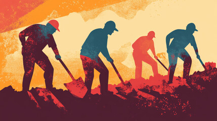 Illustration of workers intensely digging with shovels, emphasizing physical effort, teamwork, and the exertion of manual labor in an outdoor work environment.