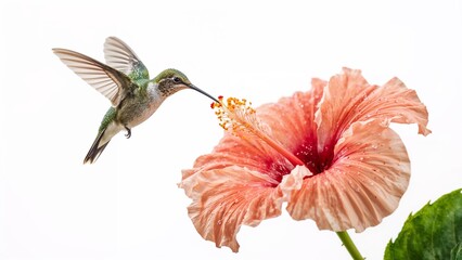 A hummingbird feeding on a peach colored hibiscus flower with a white background in a close up shot
