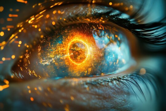 Futuristic eye displaying intricate data patterns and digital elements for advanced technology perspective, Wide view of an eye engaged in a futuristic data stream visualizing the potential