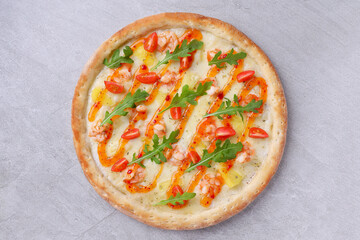 Shrimp and Pineapple Pizza with Arugula, Cherry Tomatoes, and Chili Drizzle