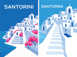 Stylized minimalist vector illustration of Santorini, Greece. Whitewashed houses, bright pink bougainvillea flowers, and deep blue sea under a clear sky