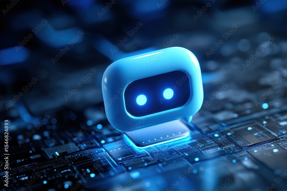 Poster a blue robot is sitting on a computer chip. the robot is surrounded by a blue background. the robot 