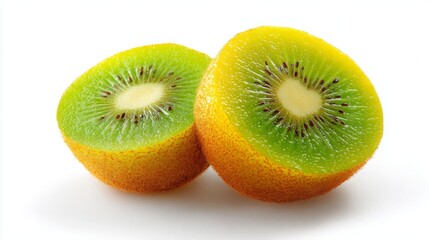Fototapeta premium Fresh kiwi fruit sliced open, revealing vibrant green and yellow flesh, isolated on white. Minimalist composition showcasing natural beauty and fre 