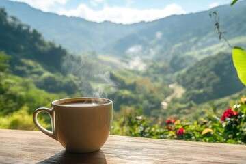 Enjoying a hot cup of coffee while overlooking lush green mountains in the morning sunlight, Steaming coffee cup with view of lush green mountains and valley Morning and nature concept