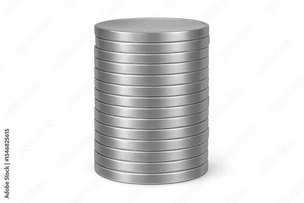 Poster metallic silver cylinder composed of stacked disks on a transparent background, creating a sleek and