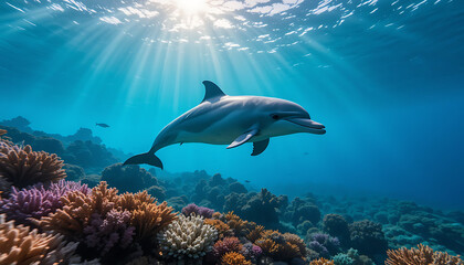 3D image dolphin swimming underwater, vibrant cool reef, sun rays shining through water, detailed underwater scene, 8k, high resolution 