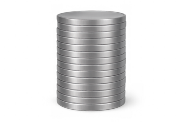 Metallic silver cylinder composed of stacked disks on a transparent background, creating a sleek and modern design element