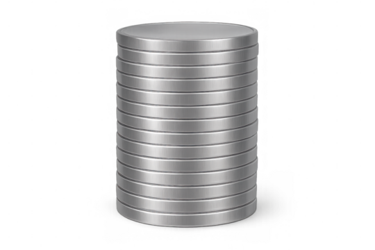 Metallic silver cylinder composed of stacked disks on a transparent background, creating a sleek and modern design element