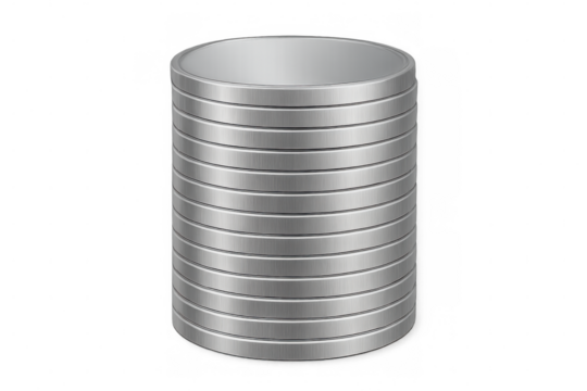 Brushed metal cylinder forming a stacked structure, ideal for concepts related to data storage, industry, or modern architecture