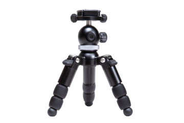 Compact black tripod for camera stable photography support gear tool grip on transparent background