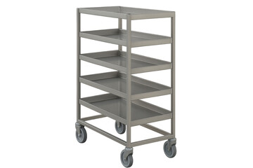Empty metal rolling cart with five shelves on transparent background