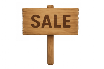 Weathered wooden sign displaying sale text, mounted on wooden stake against transparent backdrop