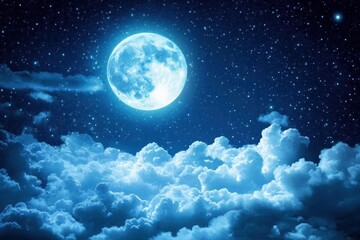 Obraz premium Full moon shrouded by overcast clouds illuminating a night sky adorned with stars, Overcast clouds blotting out moonlight Full moon radiating white light in dark and cloudy night sky