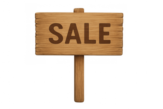 Weathered wooden sign displaying sale text, mounted on wooden stake against transparent backdrop