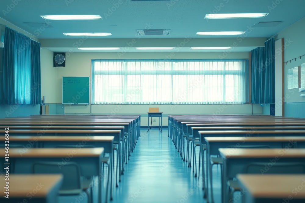 Poster brightly lit empty classroom with rows of desks and large windows reflecting morning light, the brig