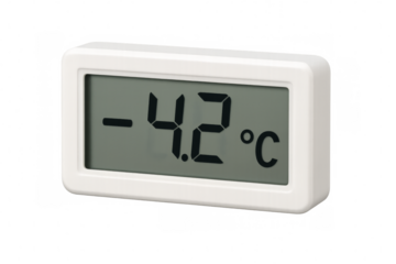 Digital thermometer showing minus forty-two degrees celsius on transparent background