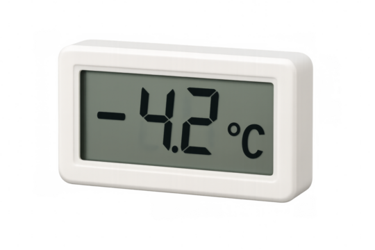 Digital thermometer showing minus forty-two degrees celsius on transparent background
