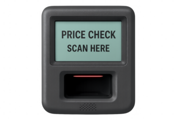 Price checker device scanning with red light on transparent background