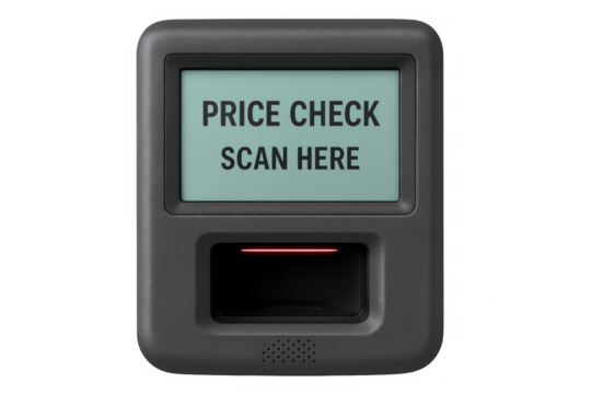 Price checker device scanning with red light on transparent background