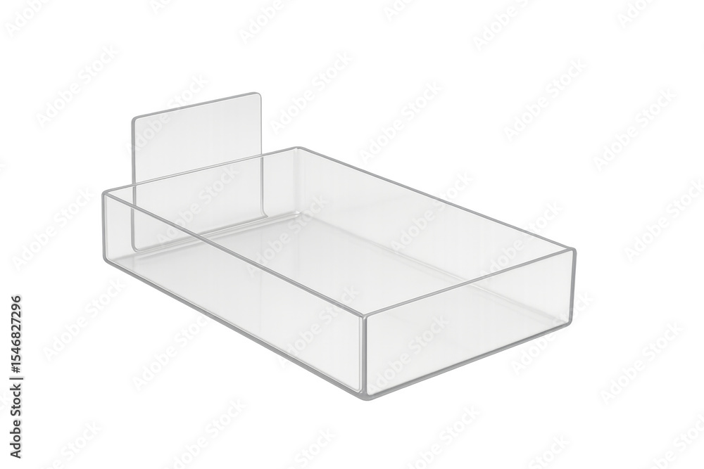 Aufkleber empty transparent plastic display container with label holder on transparent background
