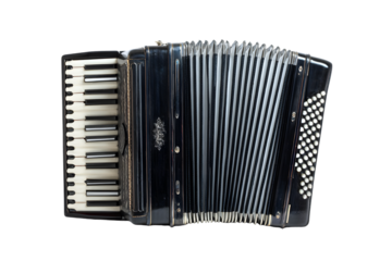 Vintage black accordion musical instrument detailed closeup studio shot on transparent background