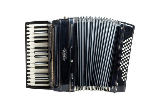 Vintage black accordion musical instrument detailed closeup studio shot on transparent background