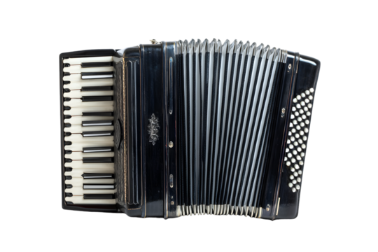 Vintage black accordion musical instrument detailed closeup studio shot on transparent background