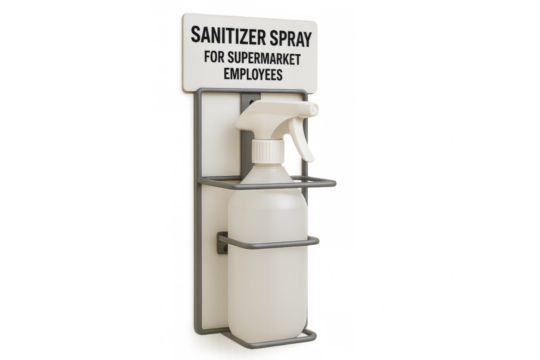 Sanitizer spray bottle hanging on wall for supermarket employees with transparent background - Powered by Adobe