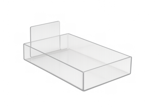 Empty transparent plastic display container with label holder on transparent background