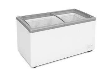 White commercial ice cream display freezer with transparent lid on transparent background