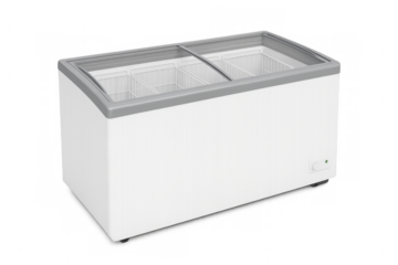 White commercial ice cream display freezer with transparent lid on transparent background