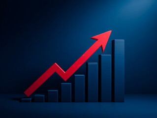 A rising trend is illustrated by the steady growth dark blue bars paired with a bold red arrow symbolizing progress and success, generated image