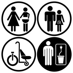 Design a clean and minimalistic icon set in black and white representing common public facility signs. Include icons for male restroom, female restroom, accessible restroom (wheelchair)